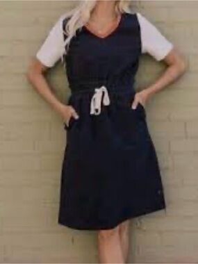 Roolee Navy Blue Knit Dress with Light Gray Sleeves & Coral Trim Women’s Size L